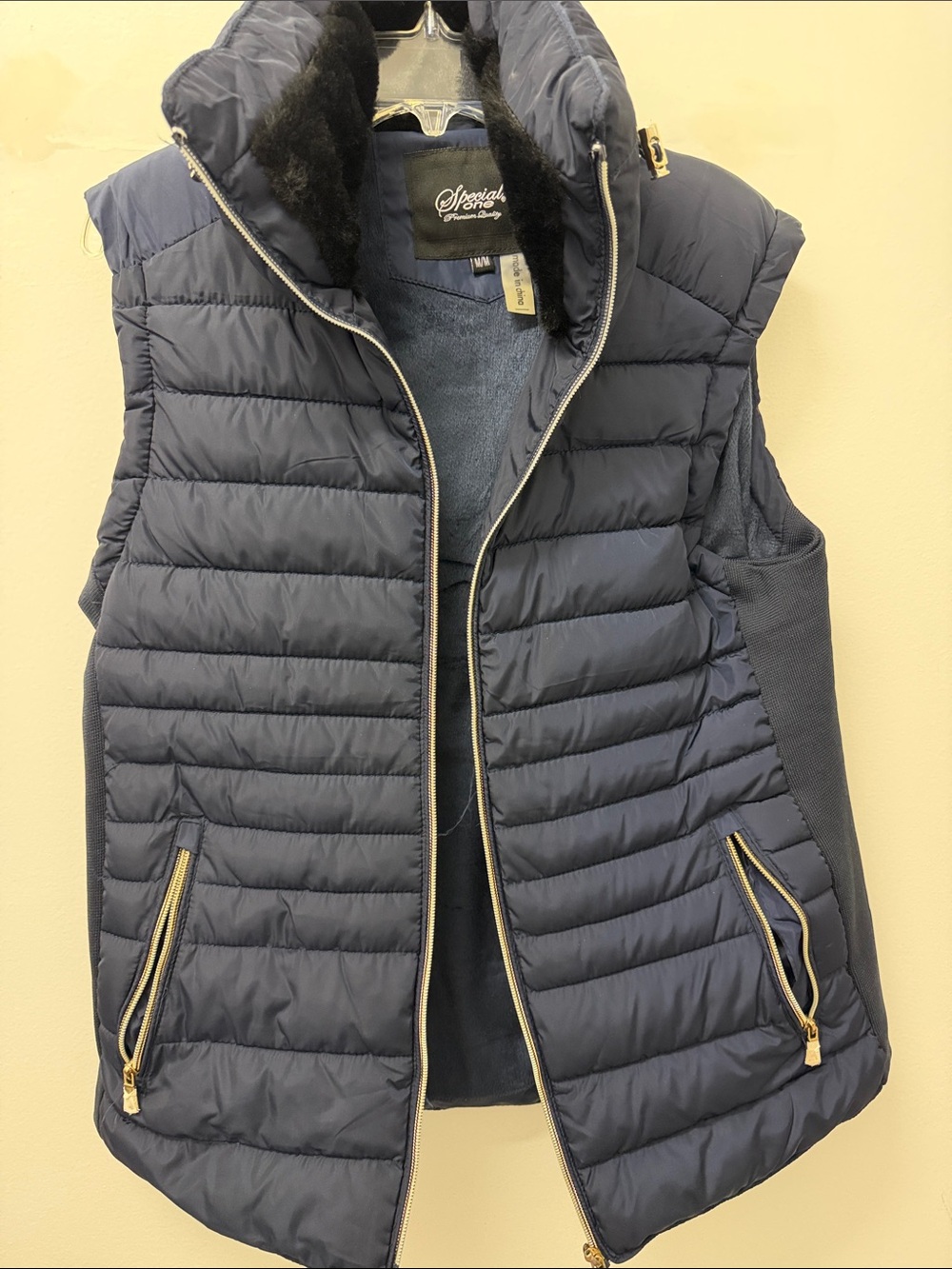 Special Blend Women's Navy Quilted Puffer Vest with Faux Fur Trim